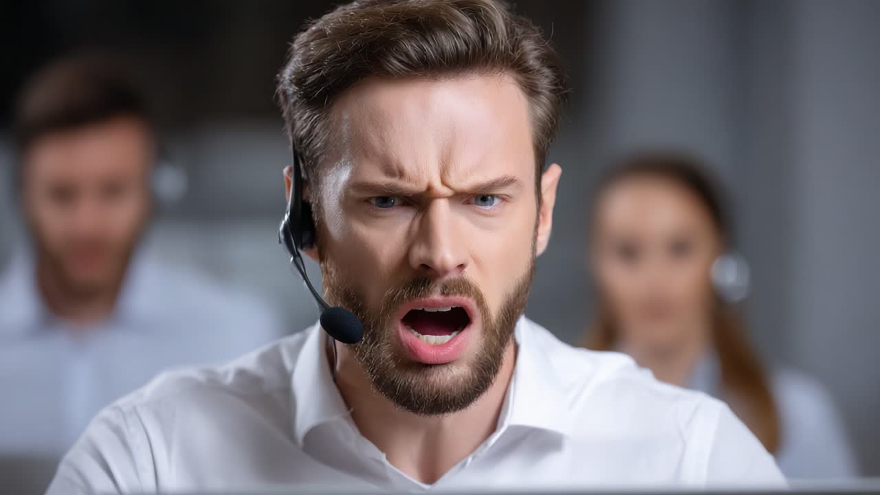 Intense Customer Service Interaction: A Frustrated Representative Faces Challenges While Communicating with Clients and Team Members in a Busy Office Environment