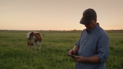 farmer works in the pasture and uses a tablet