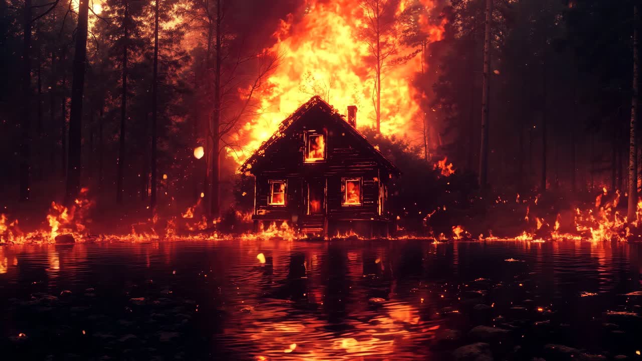 불타는 숲 한가운데에 있는 집