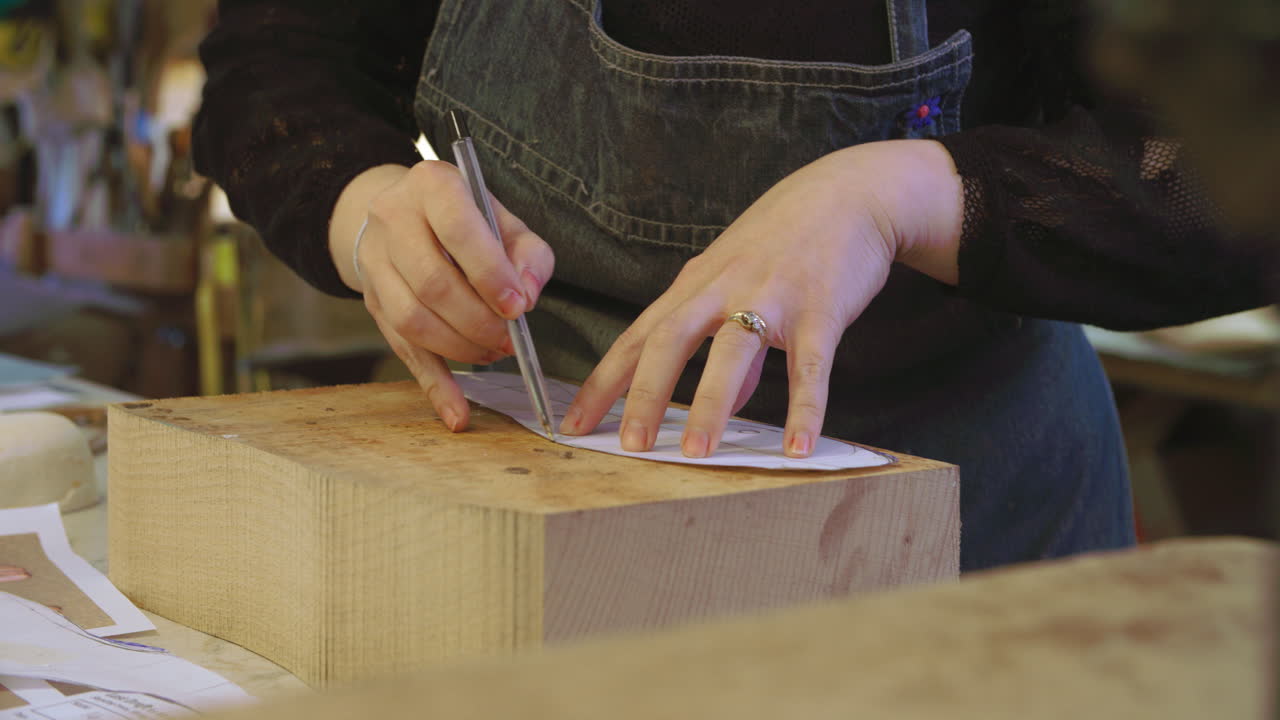 맞춤형 신발 제조업체 의 노동자 는 마지막 으로 템플릿 을 그리고 있다