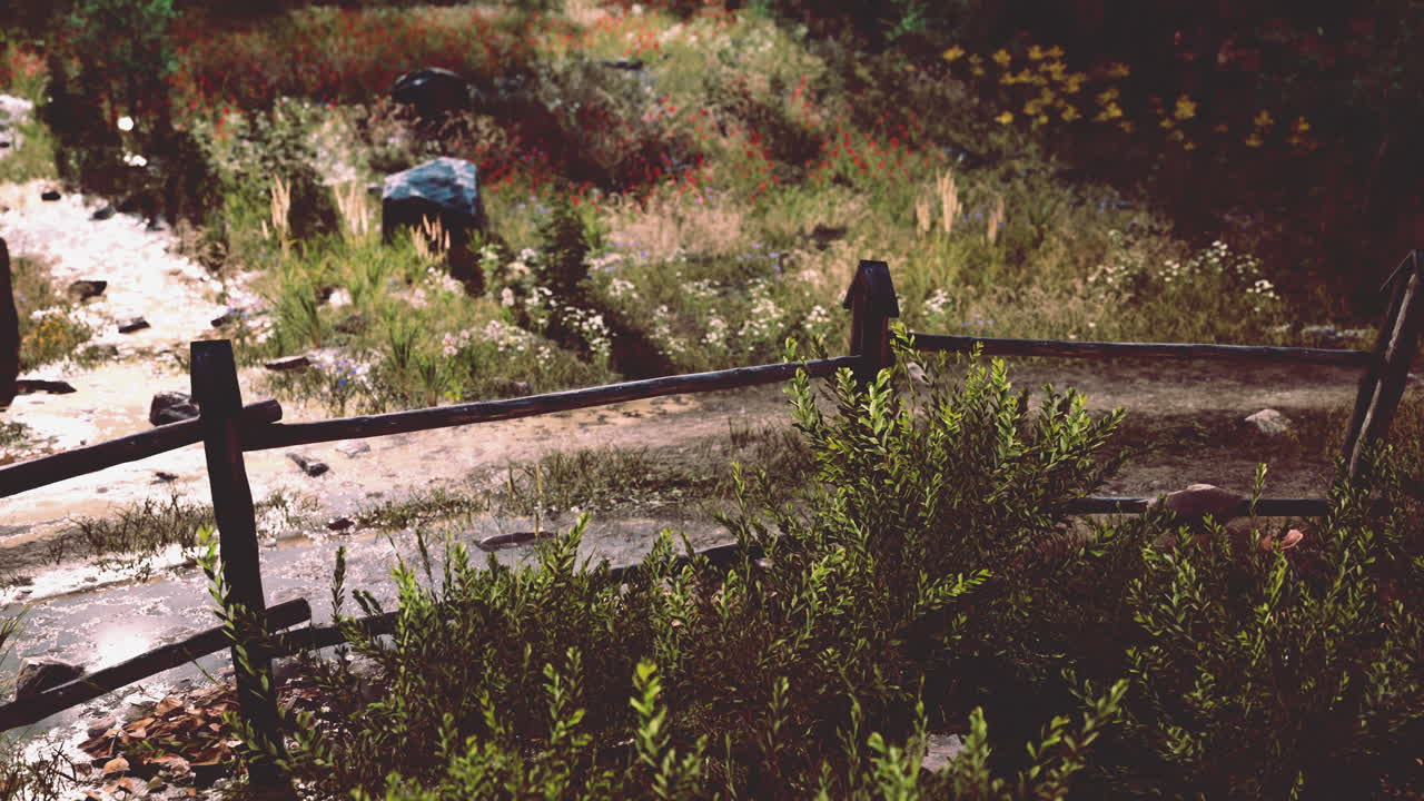 푸른 하늘 아래 녹색 숲 필드에서 울타리