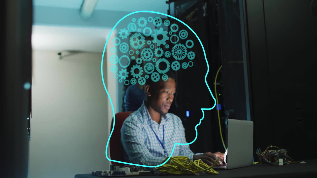 Animation of human head ai data processing over african american man using laptop