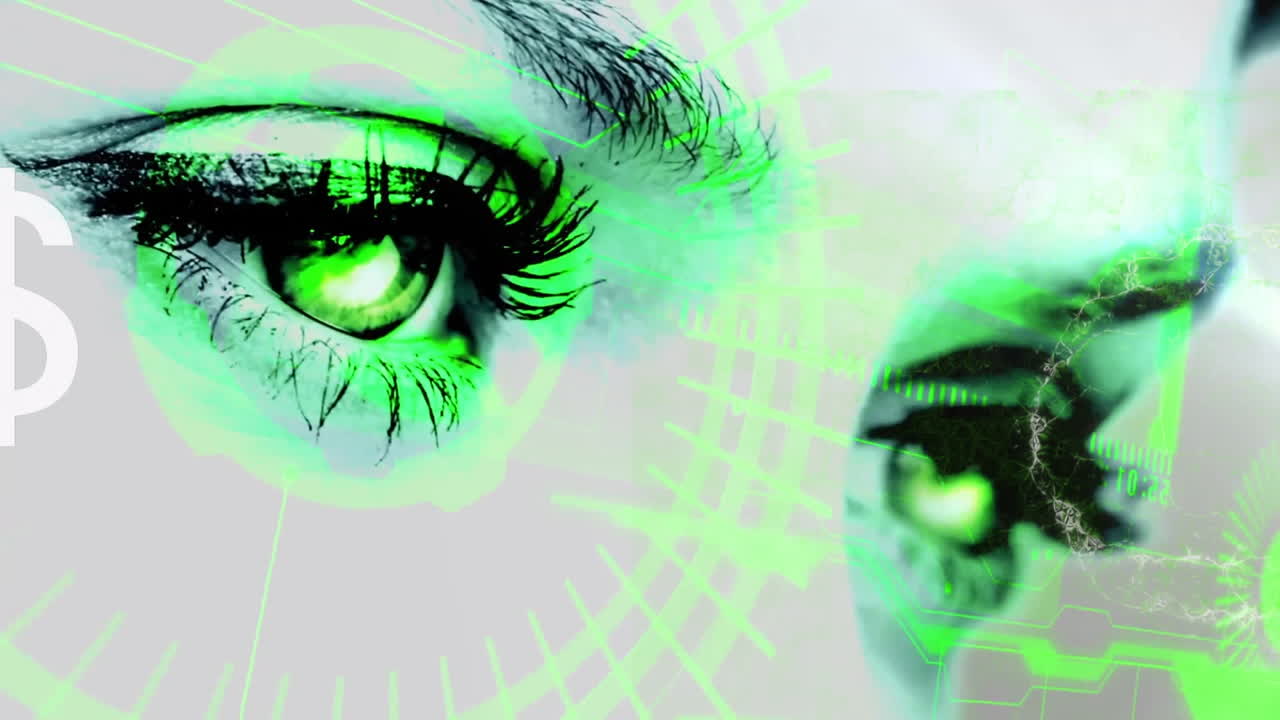 Animation of green digital patterns overlaying eyes, suggesting futuristic technology