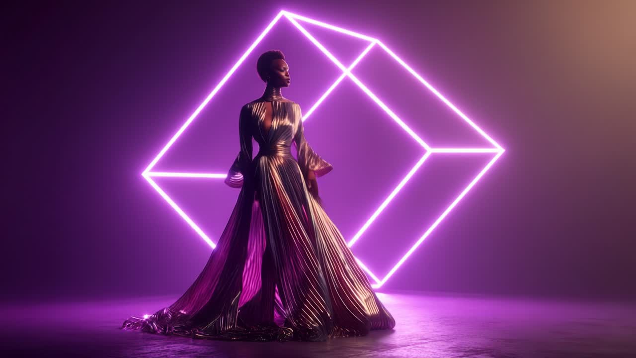 Elegant kvinde i futuristisk modekjole med neonbaggrund
