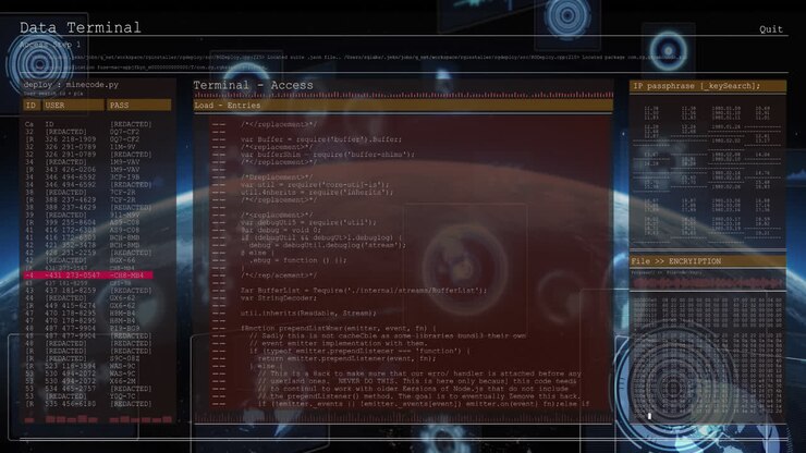 Animation of data processing and scope scanning over globe on black background