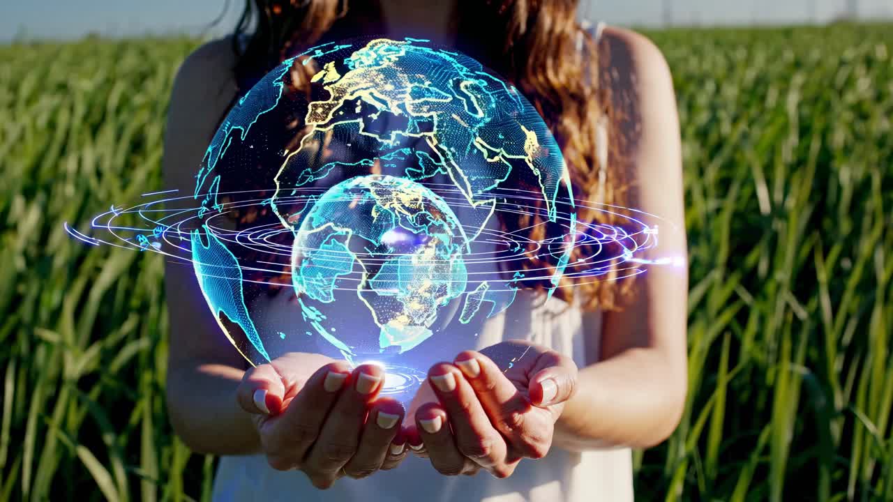 mujer sosteniendo un globo digital en un campo