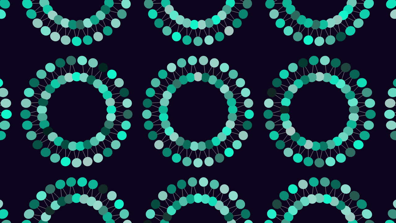 Repeat futuristic circles pattern with dots and lines on black gradient