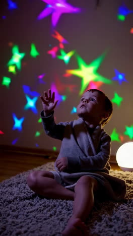 toddler enjoying colorful star light projections