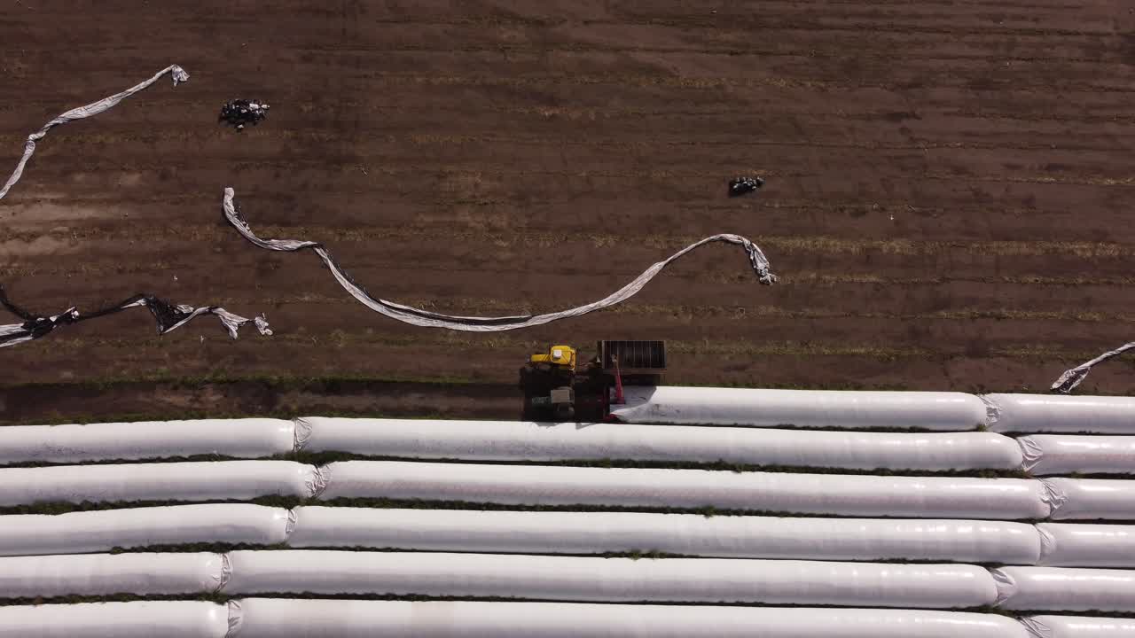 antena de arriba hacia abajo de la maquinaria del tractor que recolecta cultivos de rendimiento de bolsas de silo después del crecimiento en el campo