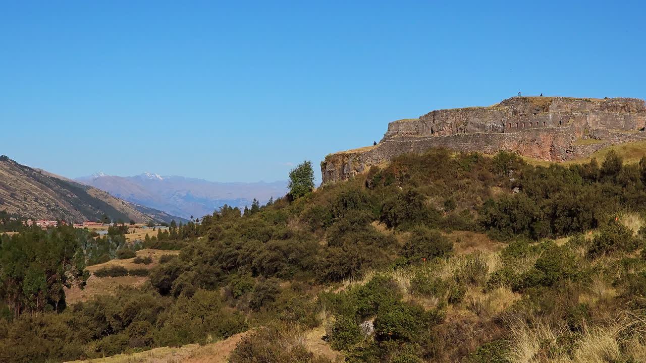 A breathtaking panoramic video capturing the ancient Inca military fortress of Puka Pukara. The expansive walls and terraced landscape against the stunning backdrop of the Andean mountains and valleys