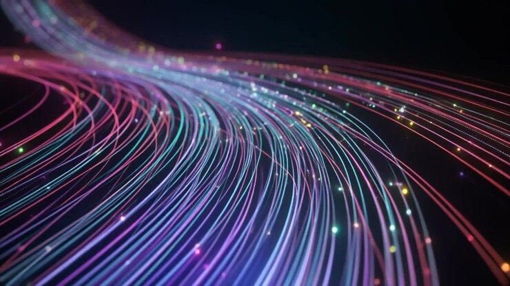 Abstract Flow of Glowing Fiber Optic Data Cables