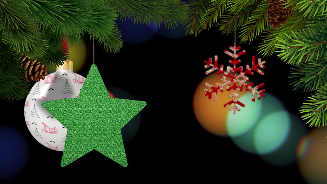los adornos de navidad y los pinos se balancean en un fondo bokeh en bucle