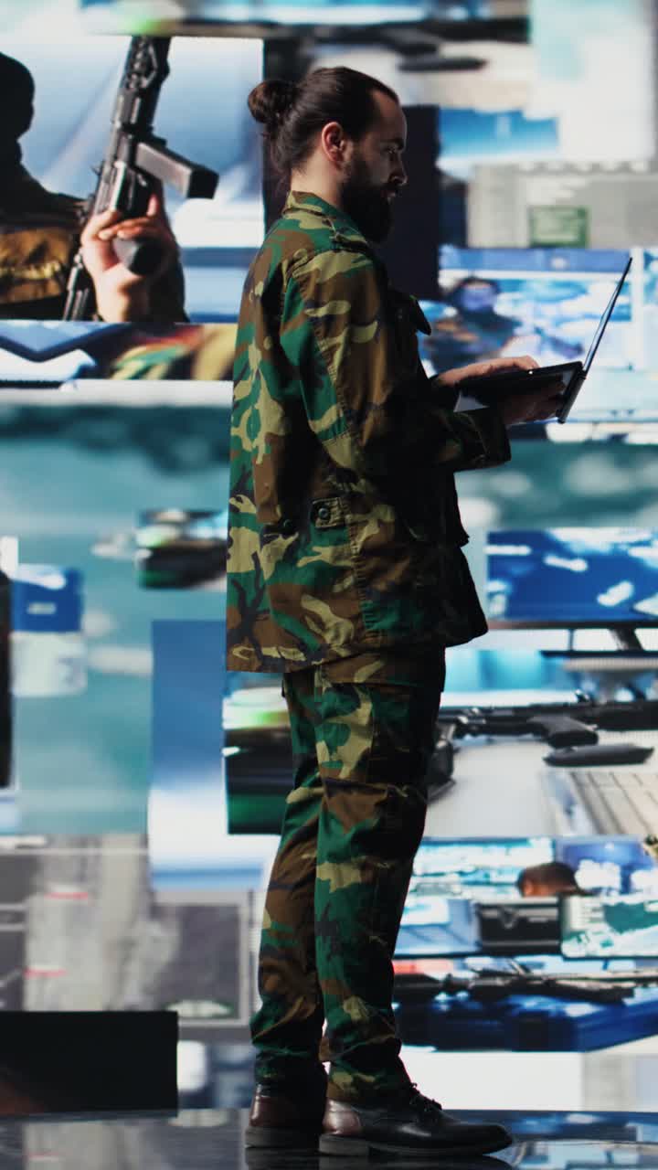 Vertical Video Armed forces soldier gathers surveillance from digital drone systems