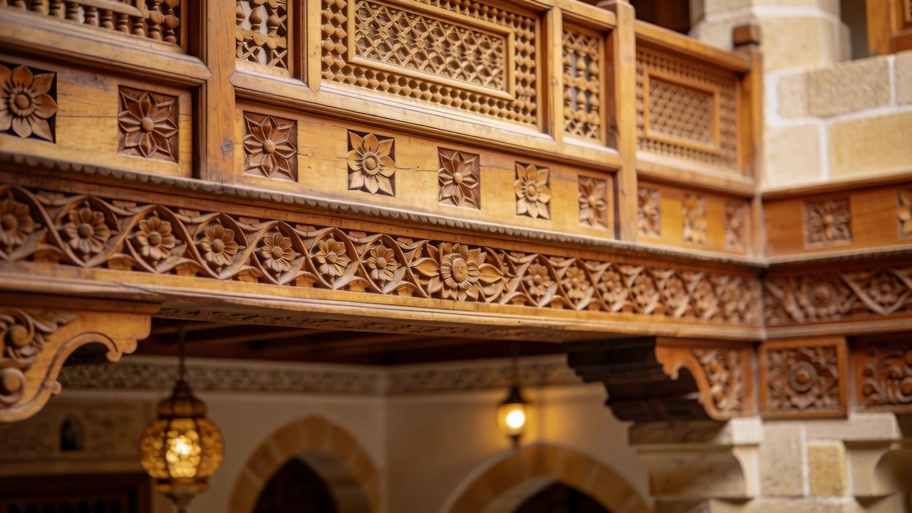 Camera shifting focus, ornate wooden balcony revealing carved lattice panels in courtyard for study