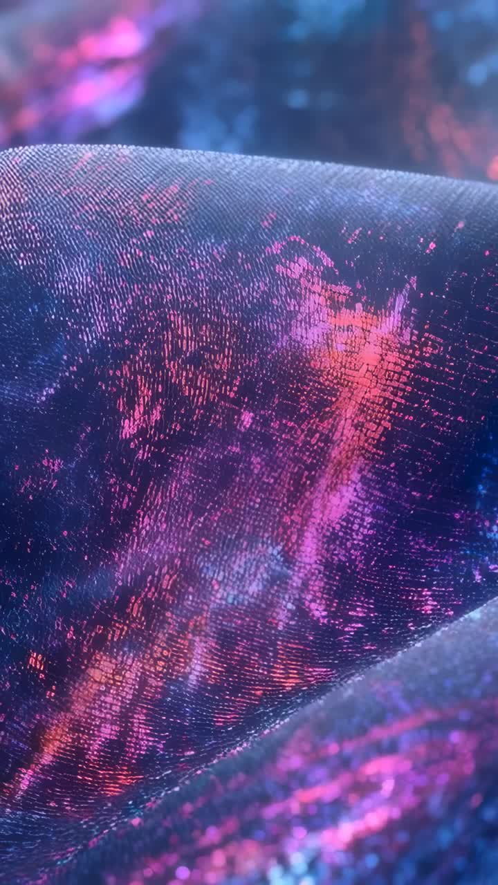 Vertical video: Pulling focus camera revealing pink shimmering textile sheen, studio LEDs for study