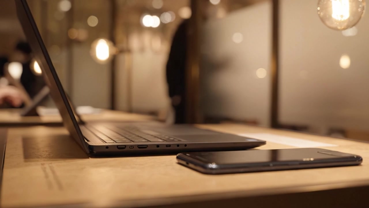 A sleek laptop and smartphone resting on a stylish table in a modern cafe, illuminated by warm ambient lighting, creating a cozy and tech-savvy workspace atmosphere.