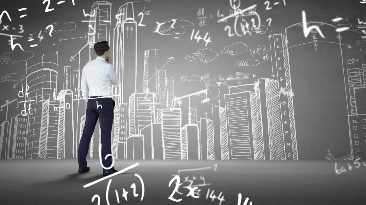 수학적 방정식의 애니메이션과 도시 풍경에 대한 백인 남자.