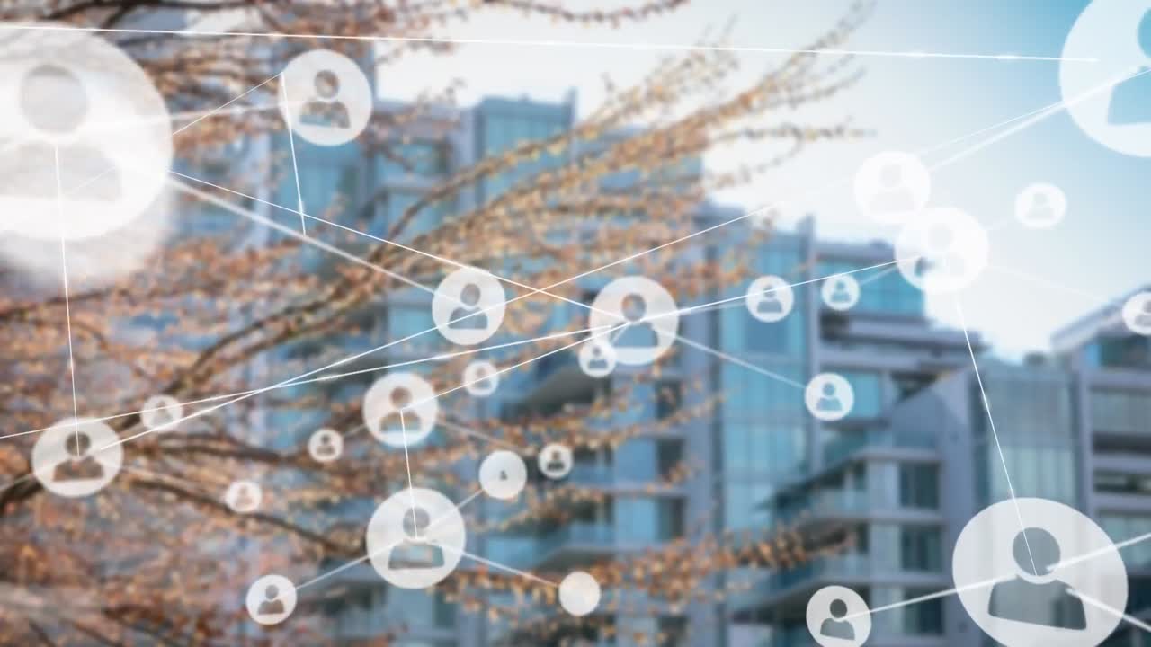 도시 풍경 위의 사람 아이콘과의 연결 네트워크의 애니메이션