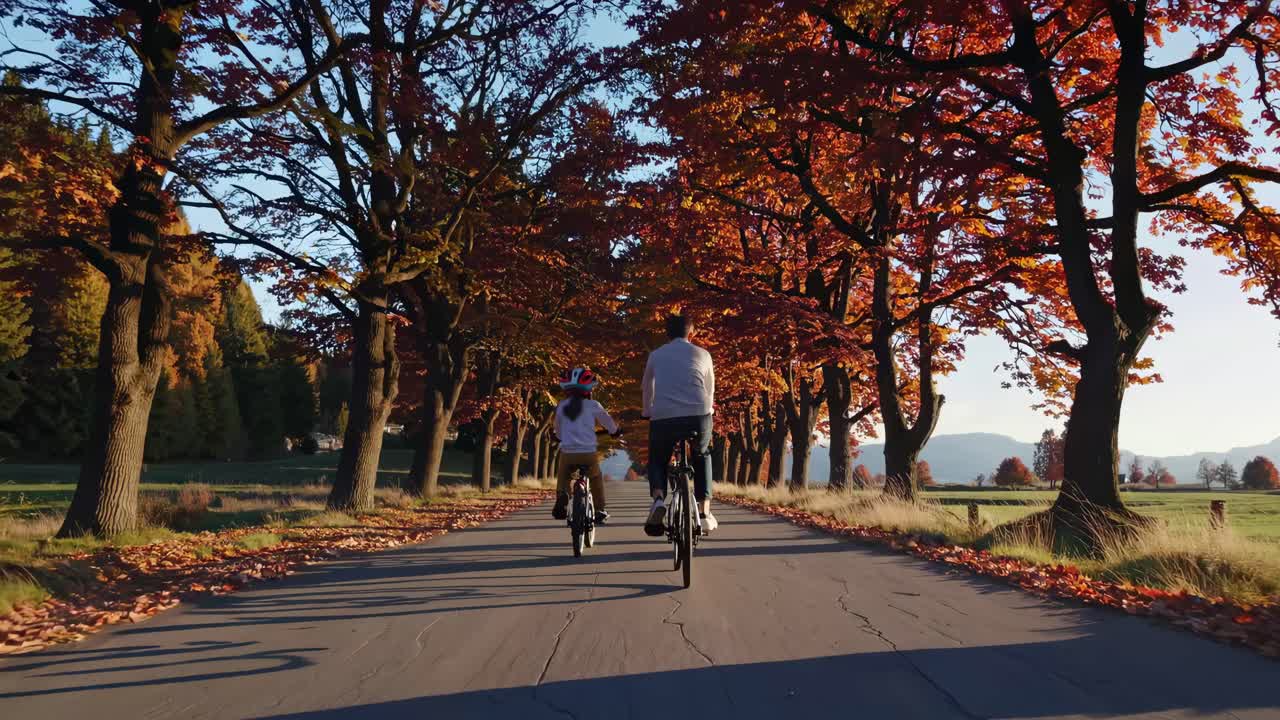 A video captures a rear-view, low-angle shot of two cyclists on a tree-lined road