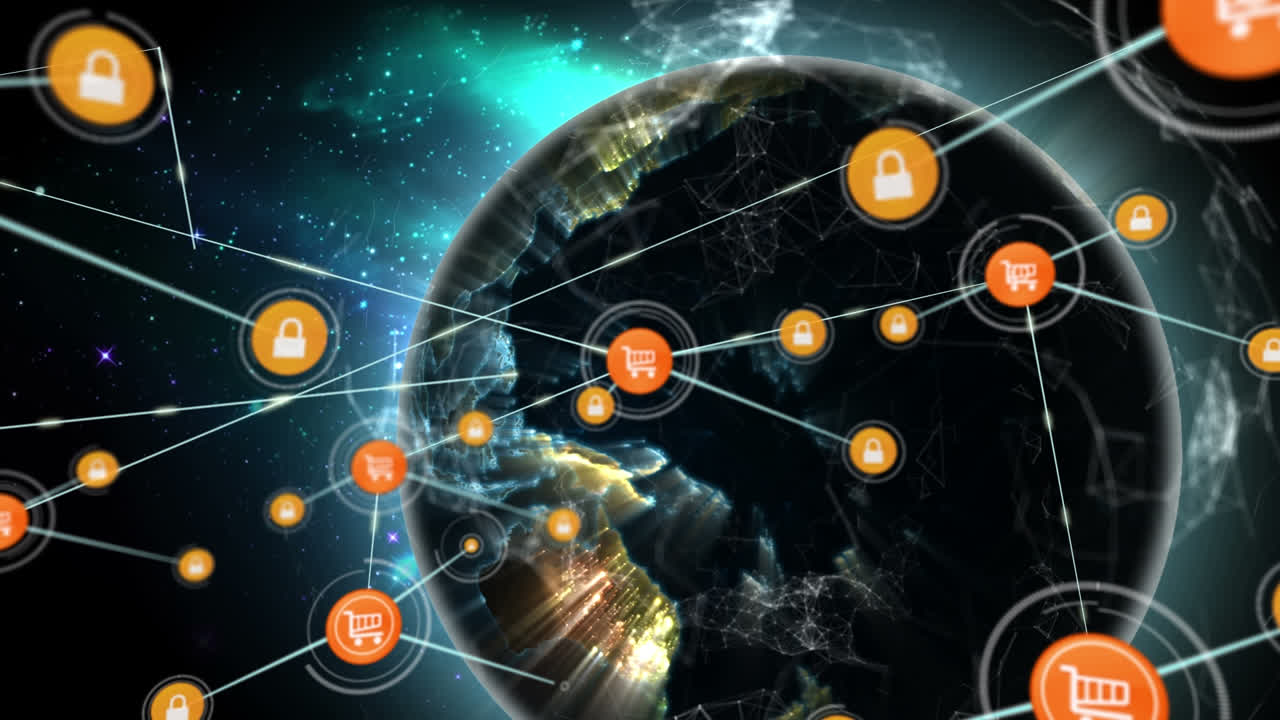 검은 바탕에 전 세계에 있는 아이콘으로 연결된 네트워크의 애니메이션