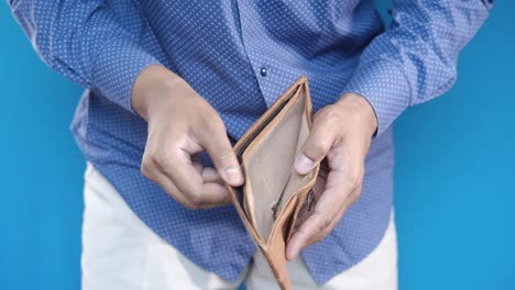 man hand open an empty wallet with copy space.