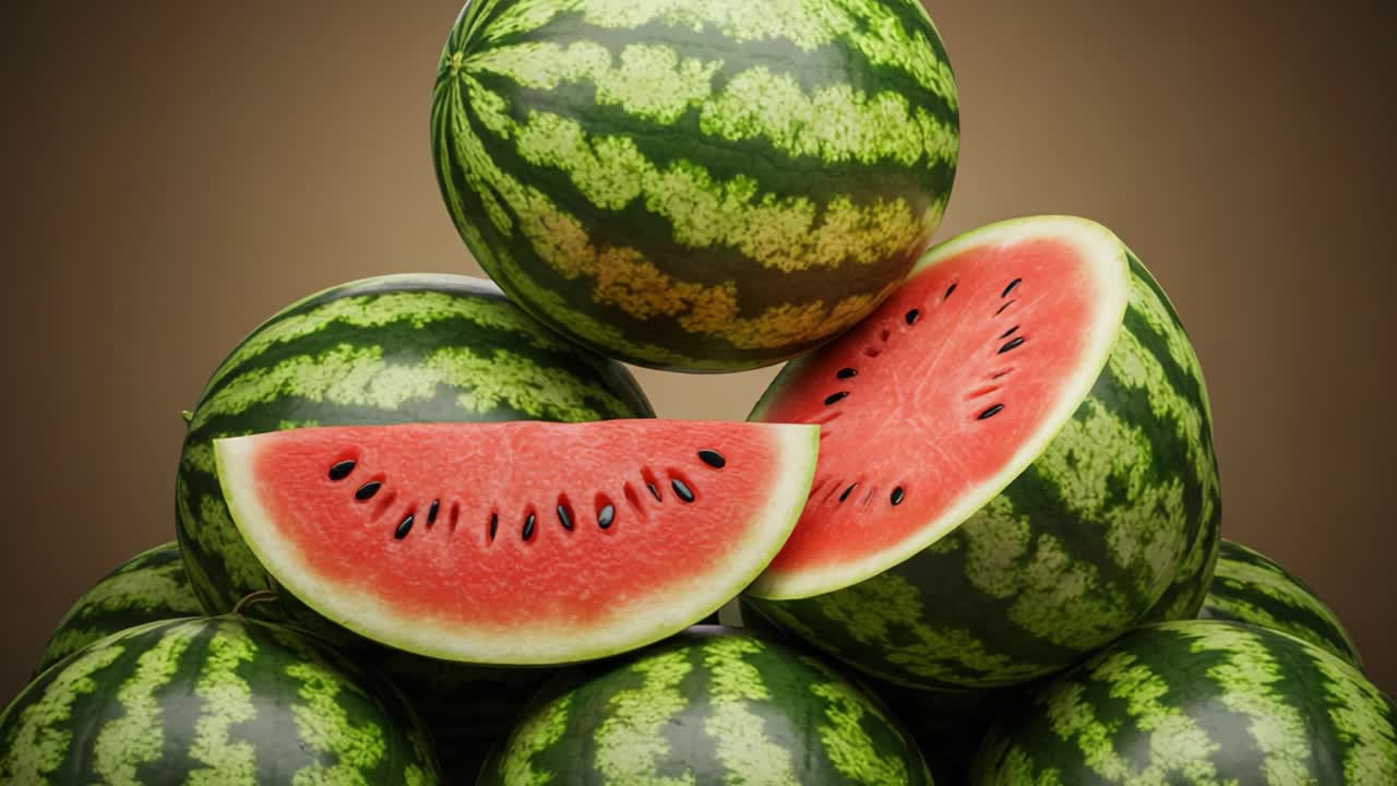 A visually stunning arrangement of ripe watermelons, showcasing their vibrant green rind and juicy red flesh, representing the essence of summer freshness and enjoyment