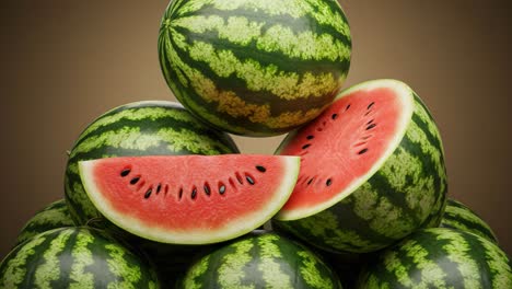 a visually stunning arrangement of ripe watermelons, showcasing their vibrant green rind and juicy red flesh, representing the essence of summer freshness and enjoyment