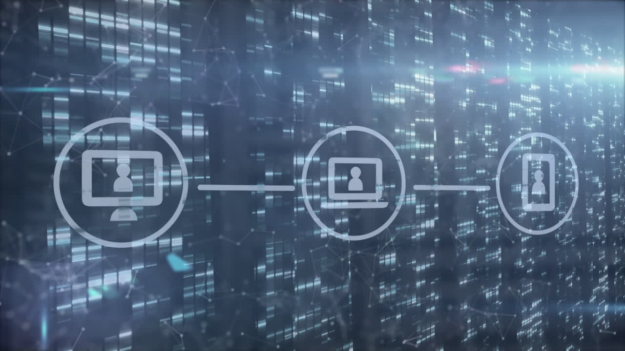 Animation of network of connections and moving columns over black background