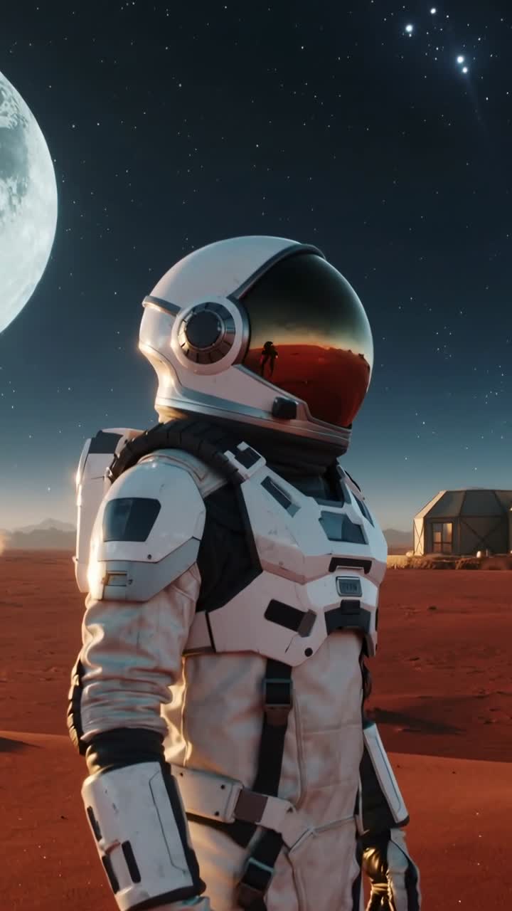Video verticale: Il riflesso della visiera che illumina l'astronauta in tuta che si gira controllando verso l'habitat su una pianura rossa.