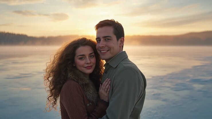Couple enlacé portant des manteaux d’hiver, s’enlaçant sur la rive d’un lac gelé au coucher du soleil, soleil rayonnant