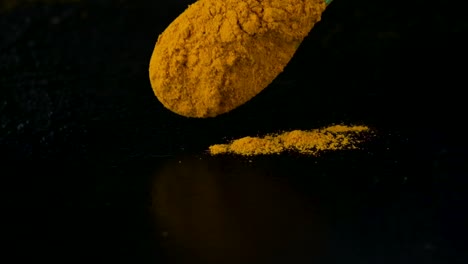 Turmeric-powder-dropping-on-a-black-table-surface-from-a-spoon-with-black-background