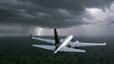 airplane in a storm over forest