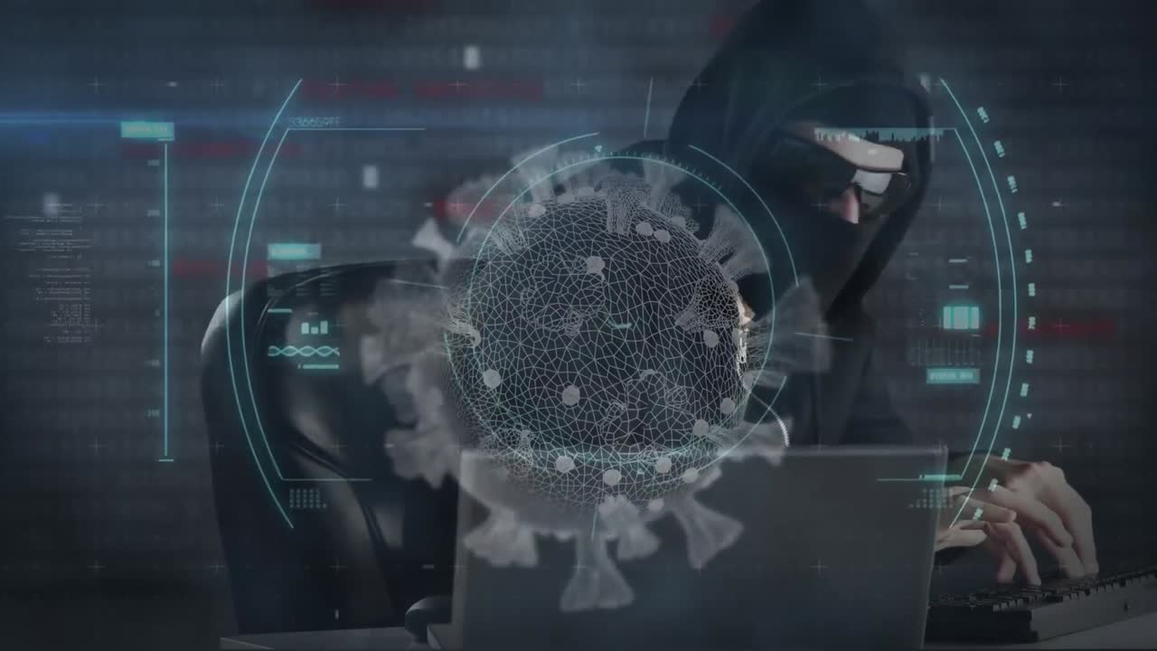 animación de un hacker encapuchado con gafas sobre una célula macro coronavirus covid-19 analizada