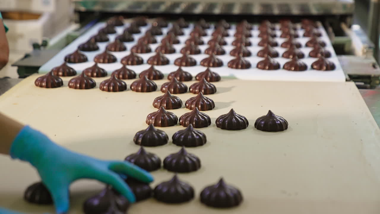 Hands in blue gloves take marshmallows away from conveyor. Tasty freshly-made zephyr sweets moving on the conveyor. Close up.