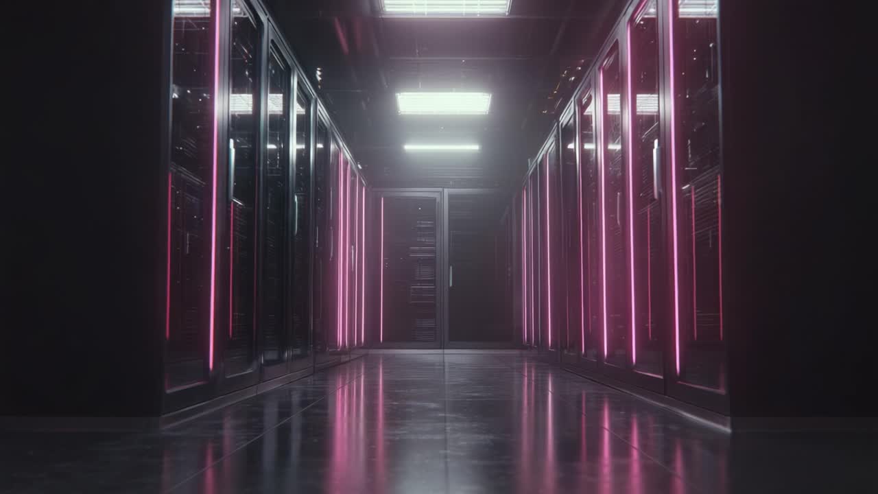 A Glimpse Inside a Modern Data Center: The Futuristic Corridor of High-Tech Server Racks Illuminated with Neon Lights and Advanced Infrastructure