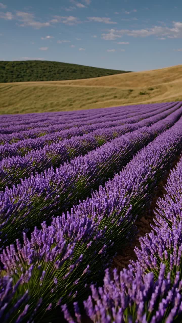 Un video di paesaggio sereno cattura campi di lavanda infiniti da una bassa angolazione, mostrando colori vivaci.