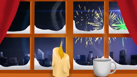 animation of candle and mug with fireworks seen through window on night sky in the background