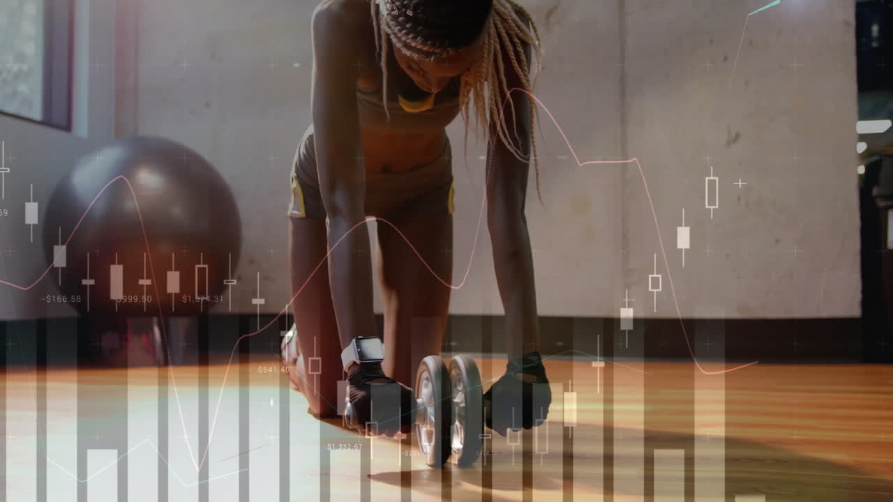 datos de fitness y gráfico de mercado de valores animación sobre mujer haciendo ejercicio con pesas