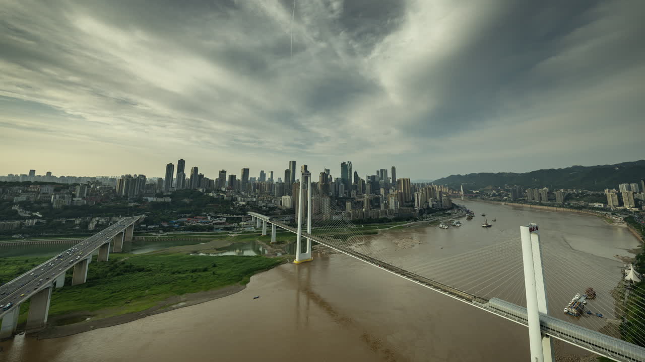Timelapse of the amazing Chongqing cyberpunk city skyline reflected in a pool at night