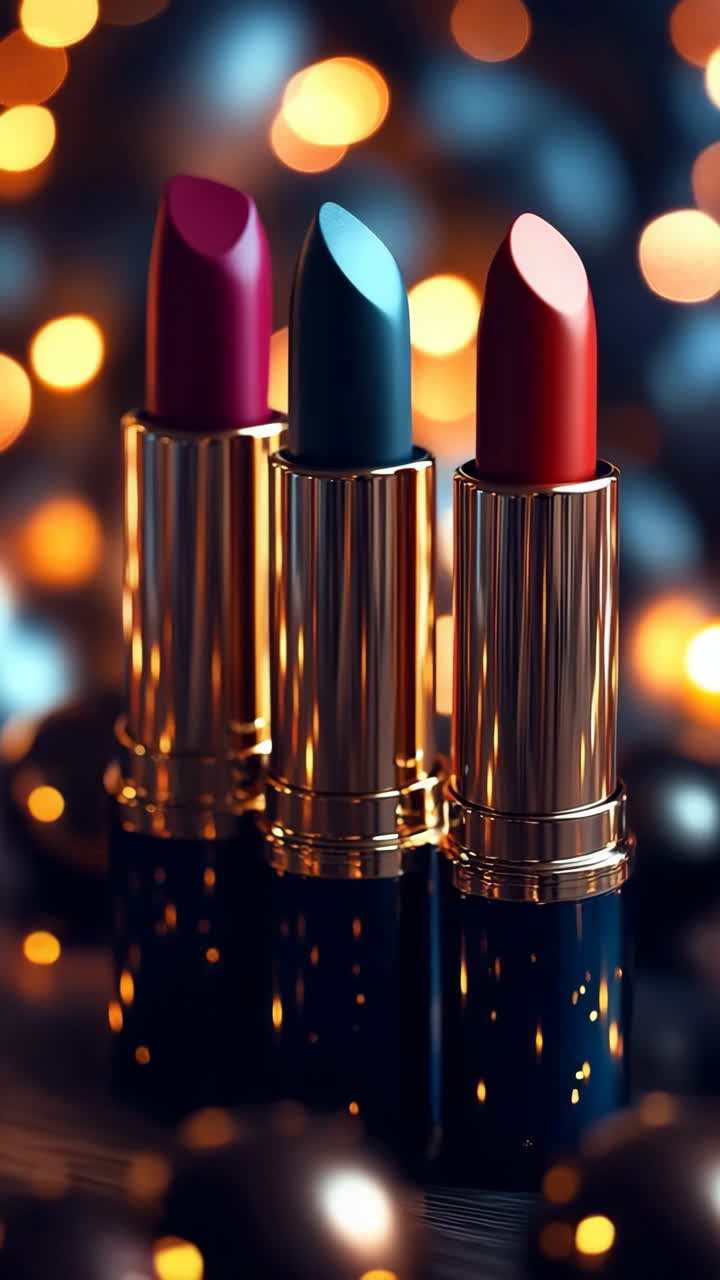 Colorful lipsticks displayed with lights. Vibrant lipsticks shine against sparkling lights, showcasing their elegant colors and glamour.