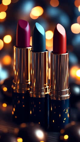colorful lipsticks displayed with lights. vibrant lipsticks shine against sparkling lights, showcasing their elegant colors and glamour.