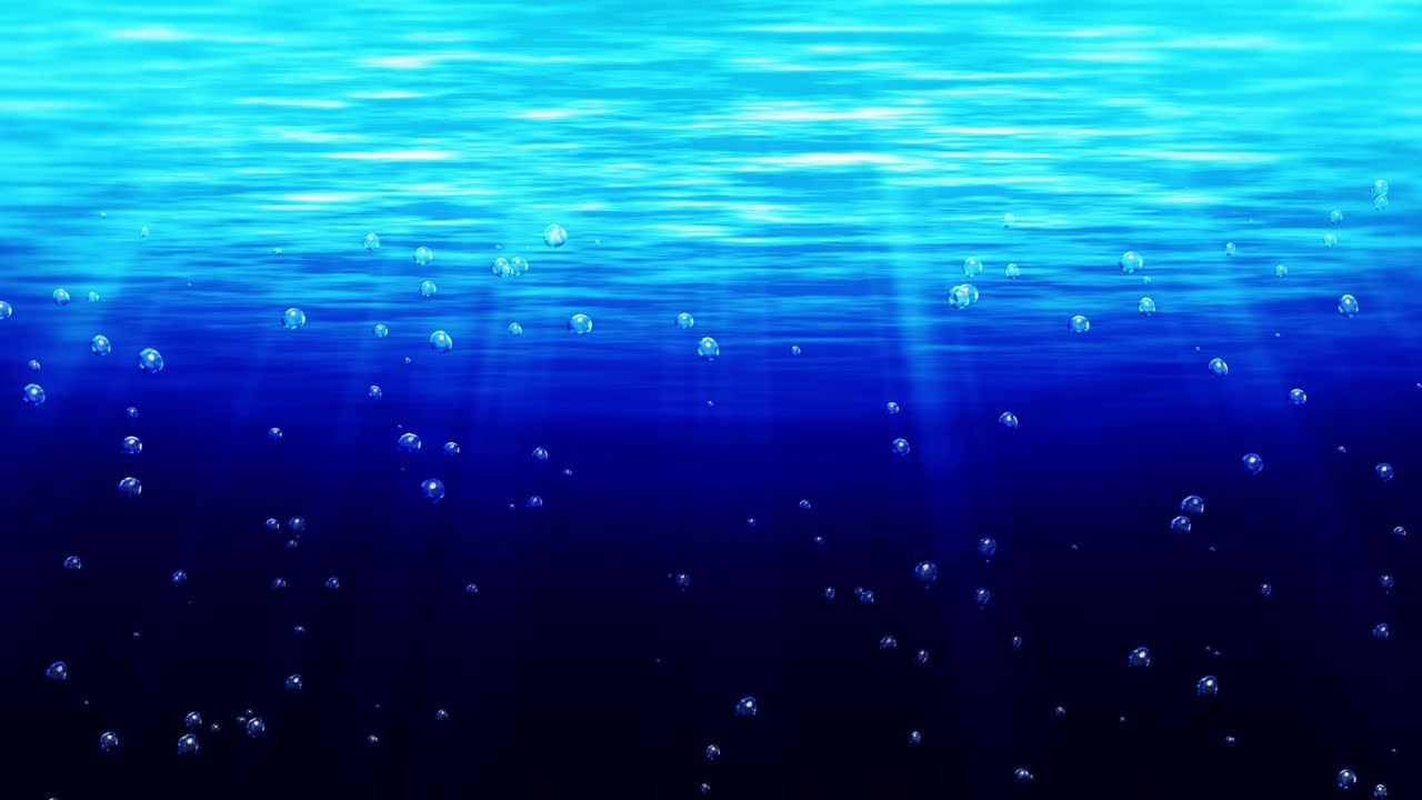 물 표면으로 올라오는 수중 거품, 푸른 바다가 밝은 광선을 비추고, 바다에서 물 거품, 루프 애니메이션.