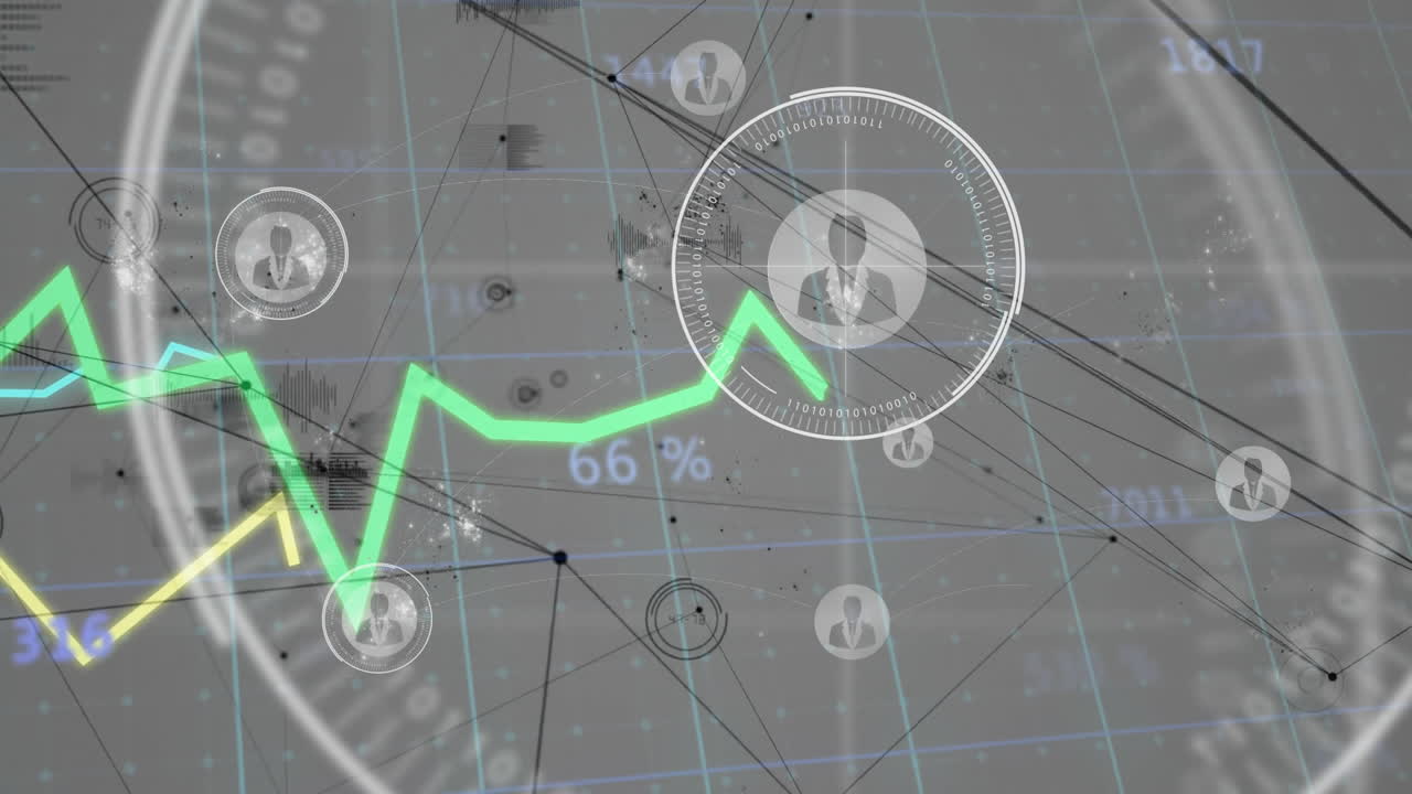 Animation of green line graph with percentage over digital network and profile icons