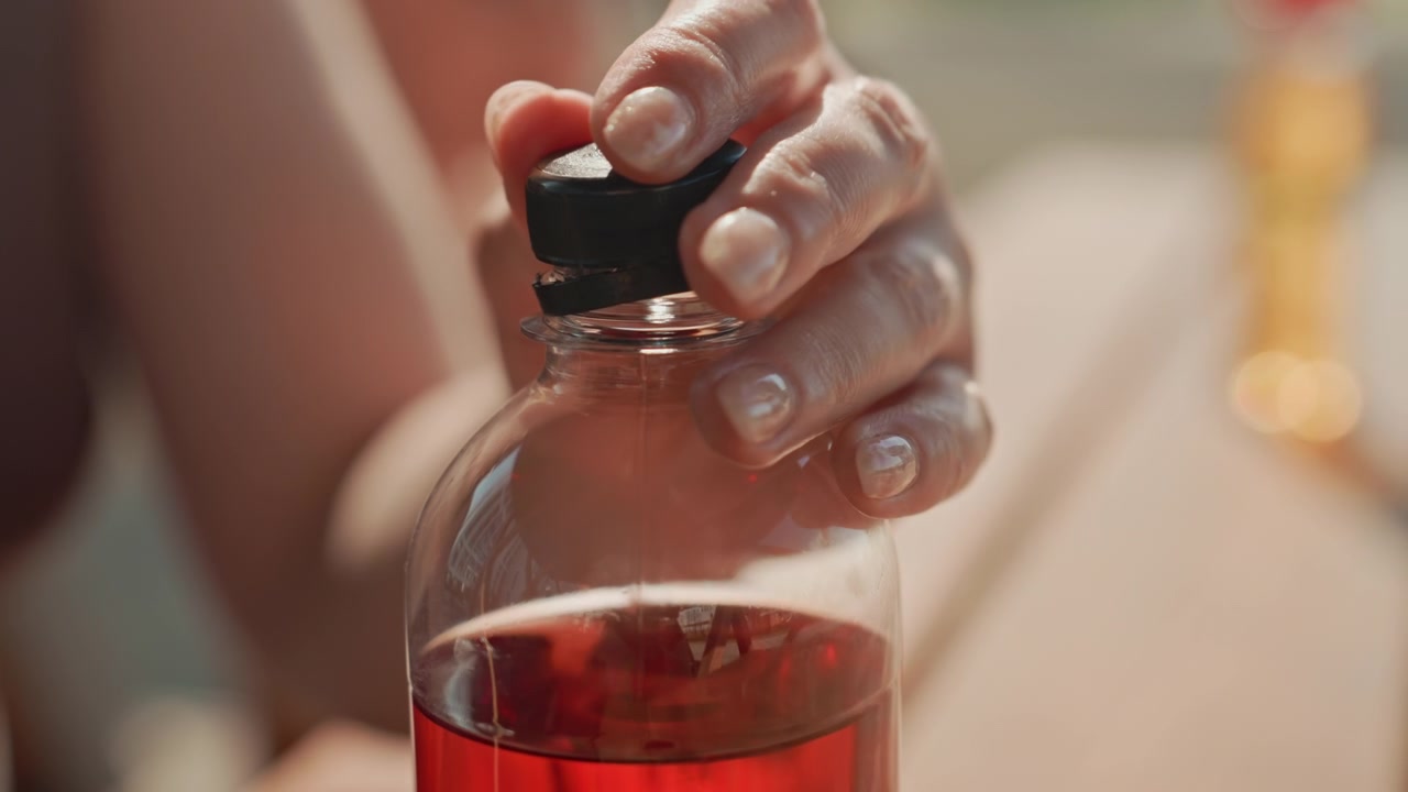 Una mano apre una bottiglia di plastica con liquido rosso, concentrandosi sull'azione di avvitare e rimuovere il tappo. Lo sfondo è leggermente sfocato per enfatizzare le mani del soggetto e l'interazione con l'oggetto in un'illuminazione brillante.