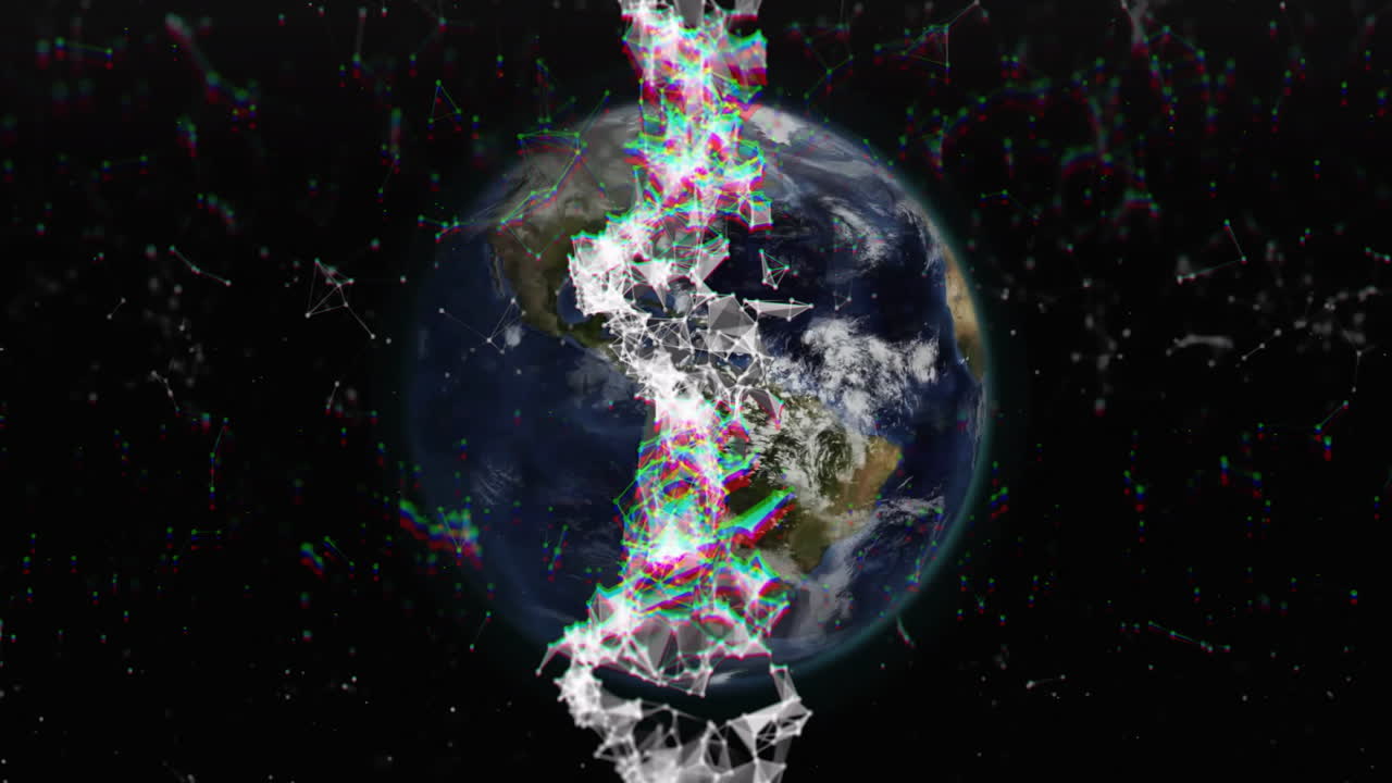 DNA strand and binary coding, scientific data processing animation over Earth