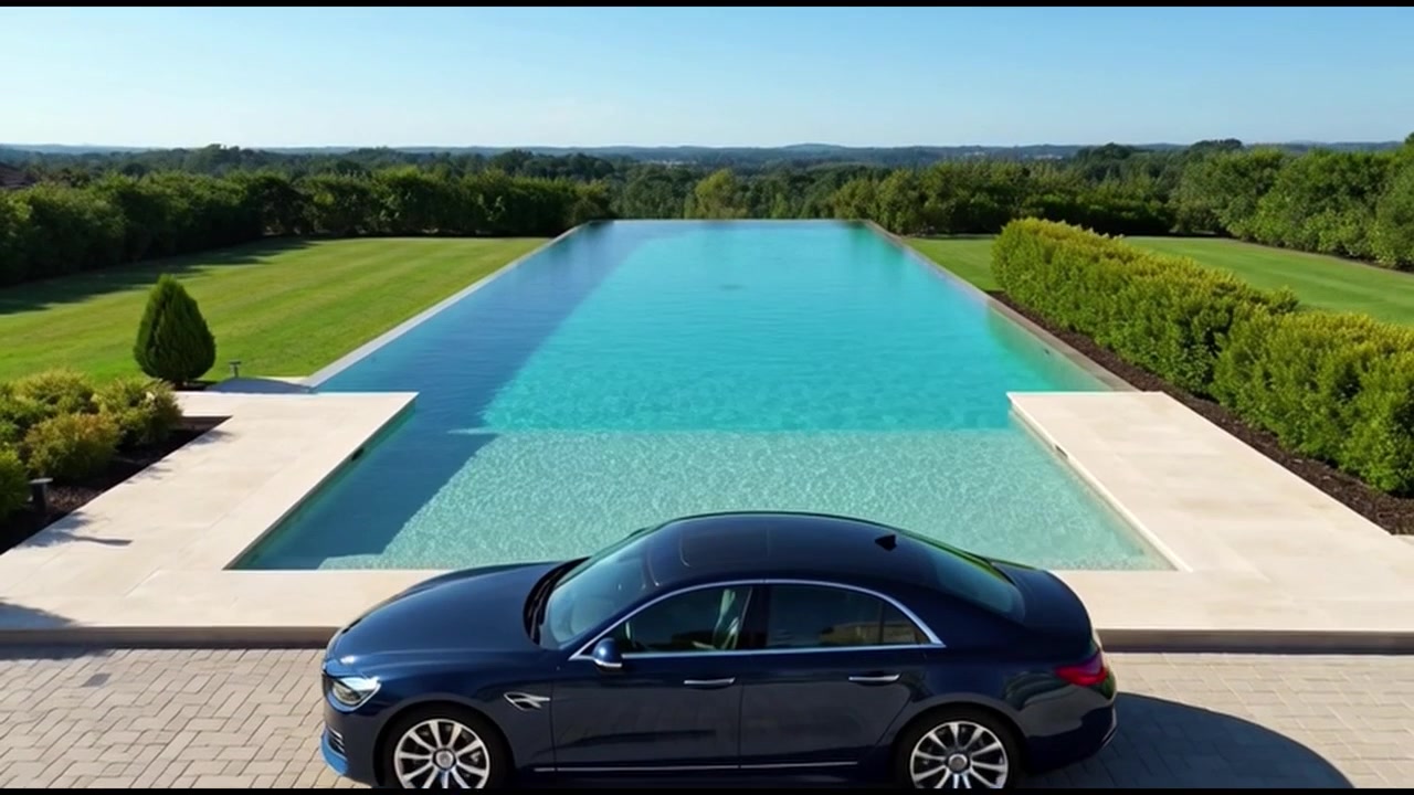 Berlina di lusso parcheggiata a bordo piscina a sfioro in un paesaggio panoramico