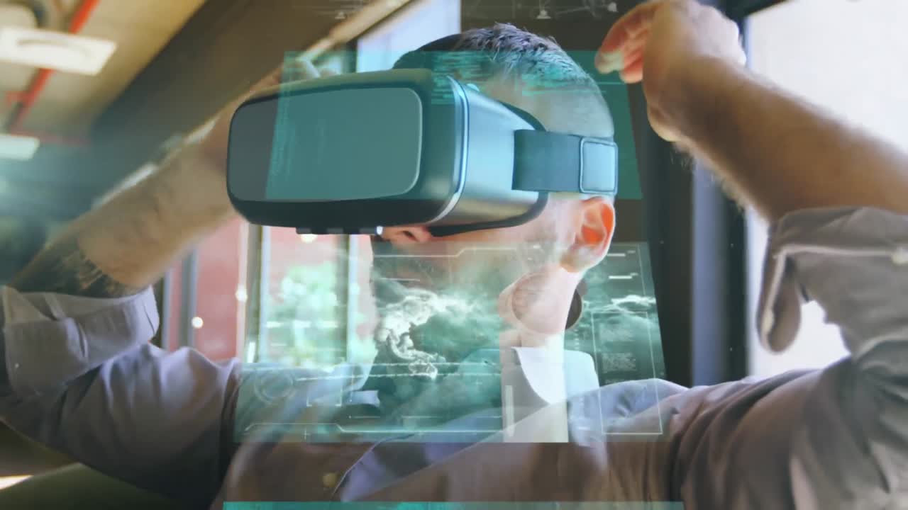 Animation of data processing over caucasian man wearing vr headset