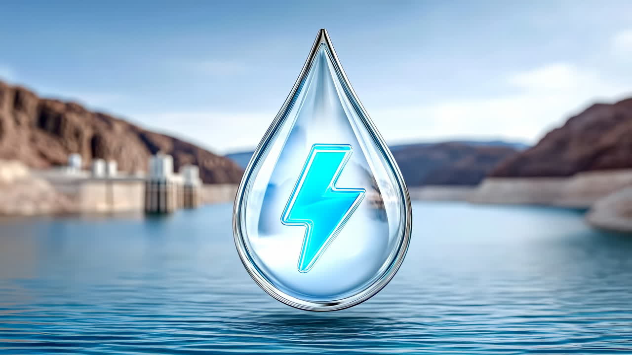 Símbolo de energia em gota de lago. Uma gota d'água cristalina contém um símbolo de energia, com um lago e montanhas ao fundo em um dia ensolarado.