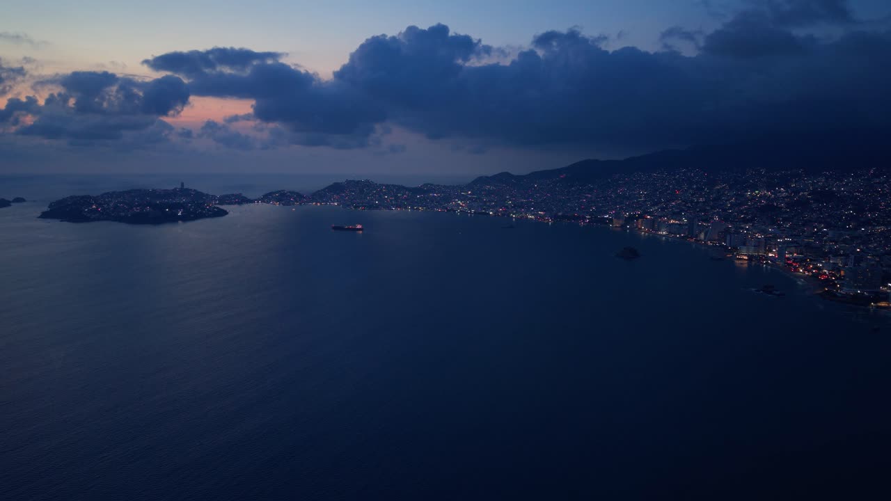 Aerial panorama of Acapulco Bay at sunset, Mexico