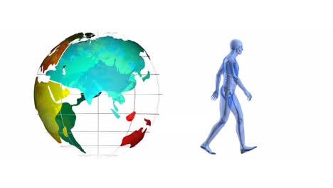 animation of human walking and globe on white background